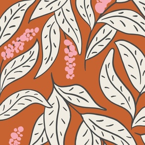 Black and white leaves and pink flowers on orange, JUMBO, leaves are approx 6-8 inches long