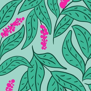 Green leaves and hot pink flowers on light teal green, JUMBO, leaves are approx 6-8 inches long