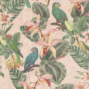 Vintage jungle parrots and florals wallpaper - blush pink