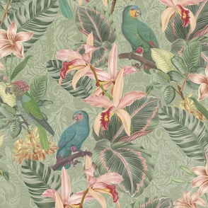 Vintage jungle parrots and florals wallpaper - sage green