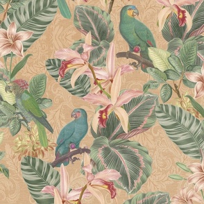 Vintage jungle parrots and florals wallpaper - faded yellow