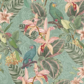 Vintage jungle parrots and florals wallpaper - mint green