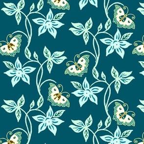 Flowering vine & butterflies - vector - colorguide - bluegreens