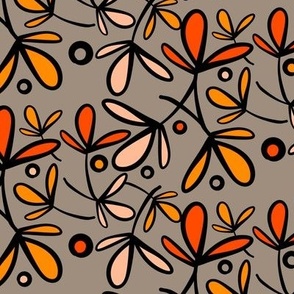 (S) Flowers Circles Coral, Pale Apricot, Amber on Khaki 10.5" x 10.5"