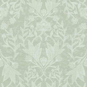 William Morris Tribute - Victorian floral damask and leaves_Neutral   Sage  Green
