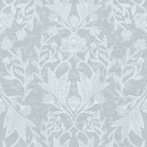 William Morris Tribute - Victorian floral damask and leaves_Neutral Teal blue
