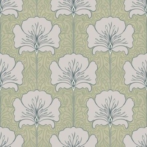 Art Nouveau Floral in Palest Dusky Pink on Sage