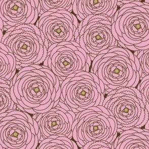 Buttercup Flowers // Ranunculus Flowers // Pink, Green, Chocolate Brown // Blender Fabric // Medium Small Scale - 450 DPI