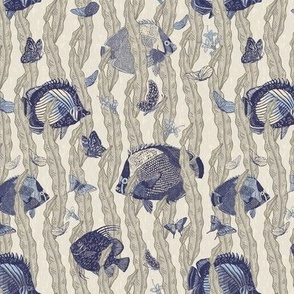 Butterfly Fish  and Butterflies - Medium - Blue - Surrealist Wallpaper