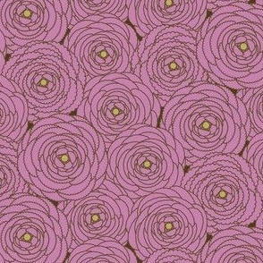 Buttercup Flowers // Ranunculus Flowers // Light Plum Purple, Green, Chocolate Brown // Blender Fabric // Medium Small Scale - 450 DPI