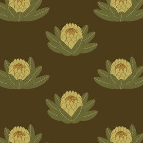 Modern Protea Flowers // Green, Amber, Dark Browns // Small Scale - 1286