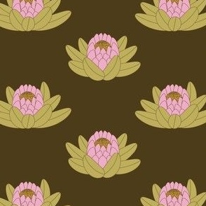 Modern Protea Flowers //  Pink, Green, Amber, Dark Browns // Small Scale - 1286