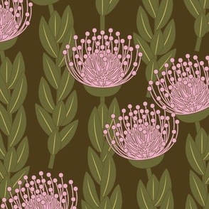 Blooming Protea Flower // Pink, Green, Dark Brown // Medium Scale -  534 DPI