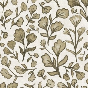 vintage florals olive on cream linen large