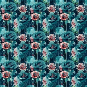 Deep teal roses and skulls