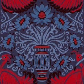 Scarlet Ibis Damask in Red and Blue Tones Jumbo Scale