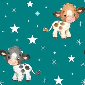Cow Farm Animals Stars Teal Blue Baby Nursery