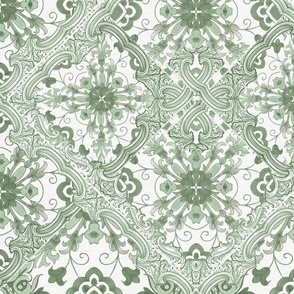 Traditional dutch tiles and florals - Sage green