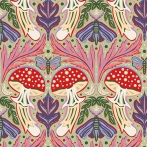 Whimsical  Fly agaric mushrooms and moths -Small scale