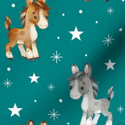 Horse Farm Animals Stars Teal Blue Baby Nursery 