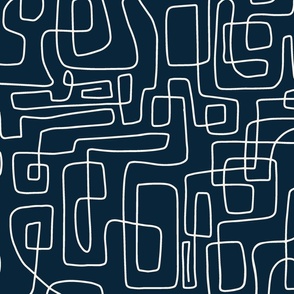Modern, abstract, squiggle line art - white on dark blue