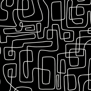Modern, abstract, squiggle line art - white on black