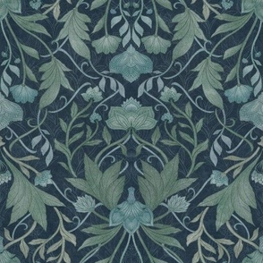 William Morris Tribute - Victorian floral damask and leaves - Holiday Dark teal blue