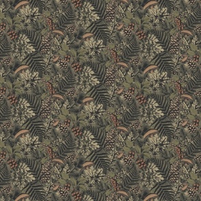 Vintage Woodland Botanical // Small Scale // A Rustic Forest Floor Illustrated Tossed Pattern with Mushrooms and Ferns