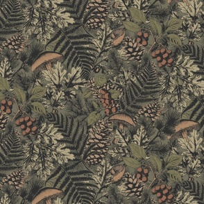 Vintage Woodland Botanical // Medium Scale // A Rustic Forest Floor Illustrated Tossed Pattern with Mushrooms and Ferns