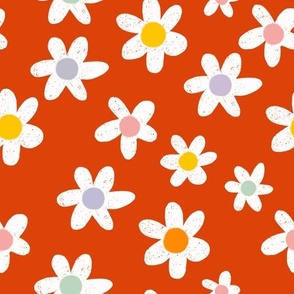 White hand-drawn daisies with pastel discs on a dark orange background