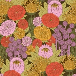 Boho Chic Flowers // Cinnabar Red, Green, Pink, Light Plum Purple,  Amber // V2 // Medium Scale - 500dpi