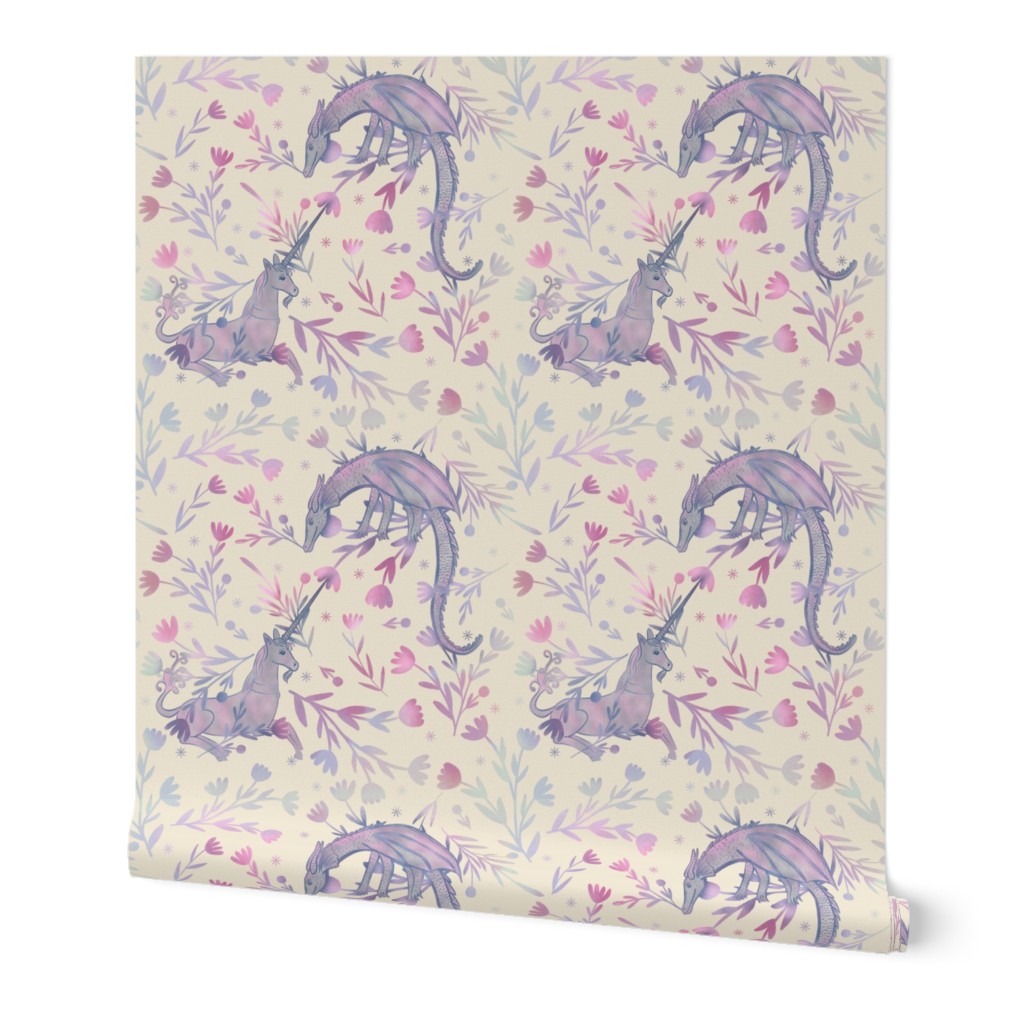 Eustace and Jewel Watercolor Unicorn and Dragon Whimsical and Magical Surrealist Repeat Pattern Cream Blues Fuchsia Hot Pink British Fantasy Literature