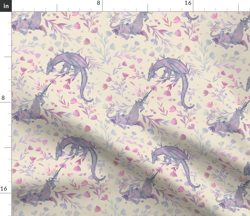 Eustace and Jewel Watercolor Unicorn and Dragon Whimsical and Magical Surrealist Repeat Pattern Cream Blues Fuchsia Hot Pink British Fantasy Literature