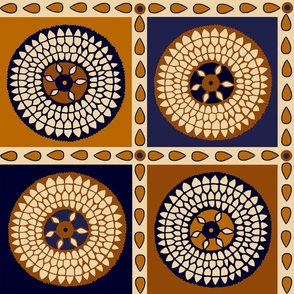 African Sunflower Seeds - Navy Rust Ivory - Designs 16010379 - Faux Quilt