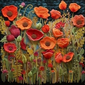 3D Embroidered Effect Poppy Flowers Half-Drop Panel
