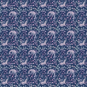 Watercolor Magical Friends Unicorn and Dragon Repeat Pattern With Hand Drawn Doodle Flowers and Children’s Book Style Illustration British Fantasy Literature Inspired Whimsical Wallpaper Blue Purple Pink Deep Mystical Blue Background 