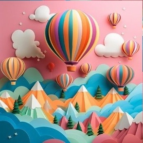 3D Effect Hot Air Balloons and Mountains Half-Drop Panel