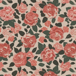 (L) Vintage Roses for Beloved | Red Pink Olive Green on Cream | Large Scale