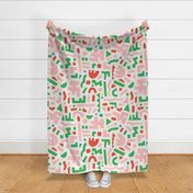 Large - Funky abstract shapes, modern abstract geo, cool modern fabrics, Pastel Pink, Green, Red, White