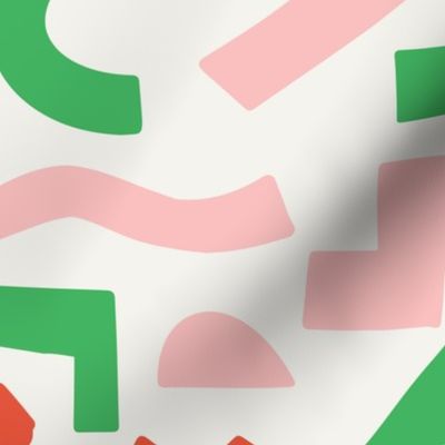 Large - Funky abstract shapes, modern abstract geo, cool modern fabrics, Pastel Pink, Green, Red, White