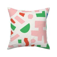 Large - Funky abstract shapes, modern abstract geo, cool modern fabrics, Pastel Pink, Green, Red, White