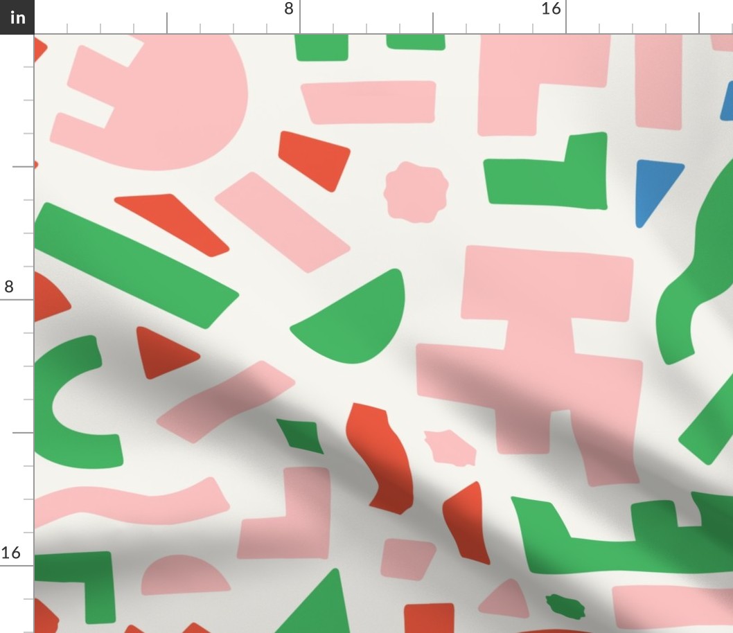 Large - Funky abstract shapes, modern abstract geo, cool modern fabrics, Pastel Pink, Green, Red, White