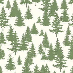 Bigger Scale Pine Tree Forest Sage Green on Natural Ivory