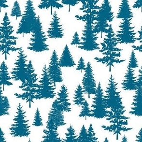 Smaller Scale Pine Tree Forest Peacock Blue on White
