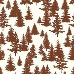 Smaller Scale Pine Tree Forest Cinnamon Brown on Natural Ivory