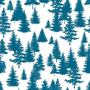 Bigger Scale Pine Tree Forest Peacock Blue on White