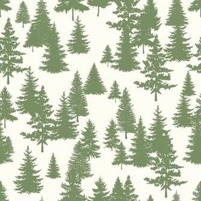 Smaller Scale Pine Tree Forest Sage Green on Natural Ivory