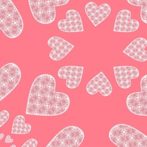 (XL) White & Pink Hearts on Rose Pink_Lovely Sweet Heart Valentine Pattern