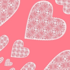 (XXL) White & Pink Hearts on Rose Pink_Lovely Sweet Heart Valentine Pattern