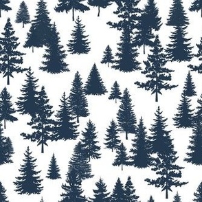Smaller Scale Pine Tree Forest Crisp Navy on White